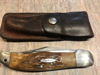 Old Vintage Kabar 2 Blade Large Folding Pocket Knife W/ Stag Antler Handle
