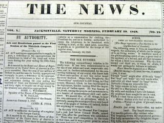 Rare 1848 Jacksonville Florida Newspaper Wth 2 Runaway Slave Reward Ads