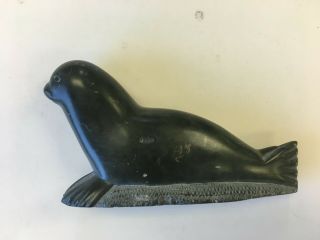 Vintage Inuit Eskimo Native American Soapstone Carving Of Seal,  Signed,  Date 1977