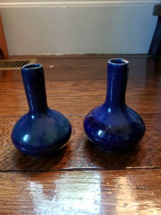 Pair Vintage Pottery Small Flower Vase Pot 4 7/8 " Tall Cobalt Ceramic Clay Art