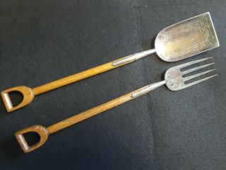 Antique Circa 1860 English Silver And Wood Salad Servers Hand Etched Greek Key