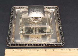 Lrg Antique Bailey Banks & Biddle Co Sterling Silver Tray Crystal Glass Inkwell