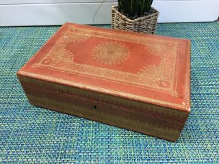 Antique Brown Italian Leather Stationary Box Gold Tooled Gilt From Hurd 