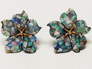 Vintage 14k Yellow Gold & Opal Inlay Mosaic Black Glass Flower Pierced Earrings