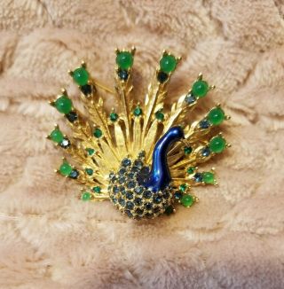 Vintage Signed & Numbered Boucher Enamel Rhinestone Peacock Brooch