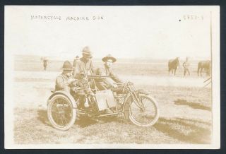 1917 Wwi Soldiers On Indian Motorcycle W/ Sidecar And Machine Gun Vintage Photo