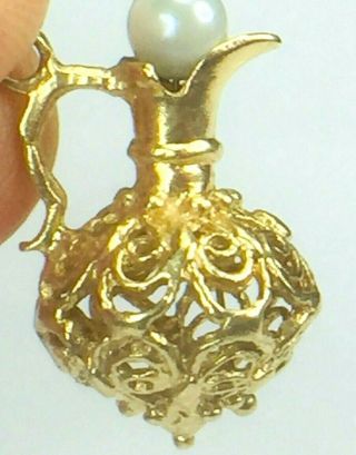 Estate 14k Yellow Gold Filigree Water Pitche Pearl Charm.  3.  9gm.