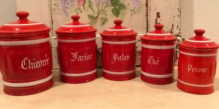 Antique Vintage 1930s French Enamel Red 5 Piece Canister Set