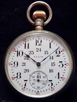 Elgin 3 Finger Bridge 24 Hour Enamel Dial Solid Silver Pocket Watch 1911