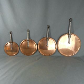 Set Of 4 French Vintage Copper Sauce Pan Lid Tinned Cast Iron Handle Riveted