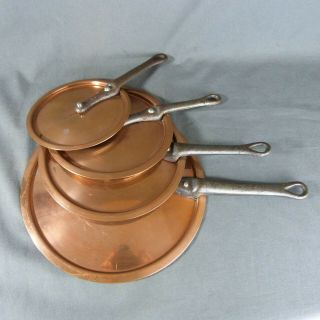 Set of 4 French Vintage Copper Sauce Pan Lid Tinned Cast Iron Handle Riveted 2