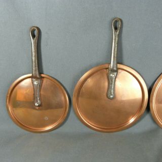 Set of 4 French Vintage Copper Sauce Pan Lid Tinned Cast Iron Handle Riveted 3