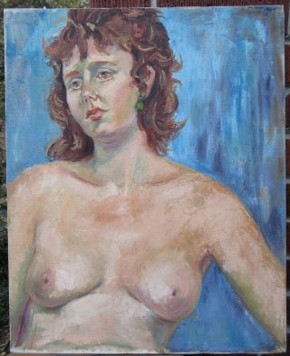 Vintage Mid - Century Nude Redhead Woman Portrait Oil Painting C1970s Art