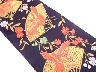98676 Japanese Kimono / Vintage Obi For Kids / Woven Crane With Fan & Flowe