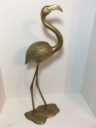 Vintage Brass Flamigo Mid Century Modern Metal Bird Statue 21.  5” Home Decor