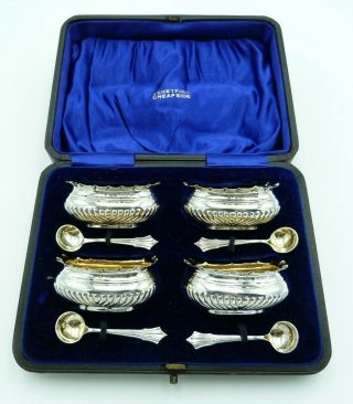4 Cased Victorian Solid Silver Salt Matching Cellars & Spoons (four,  Set)