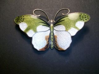 Vintage Hroar Prydz Norway Sterling 925 Enameled Butterfly Brooch Green White