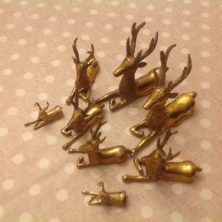 Vintage Set Of 8 Solid Brass Sitting Deer Statue 2