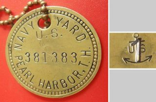 Tool Check Brass Tag: Pearl Harbor Us Navy Ship Yard; Anchor Mark,  Wwii Military