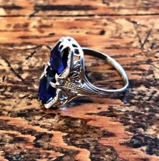 Vintage 14k White Gold Filigree Style Ring With Blue Stone (approx Size 7.  5)