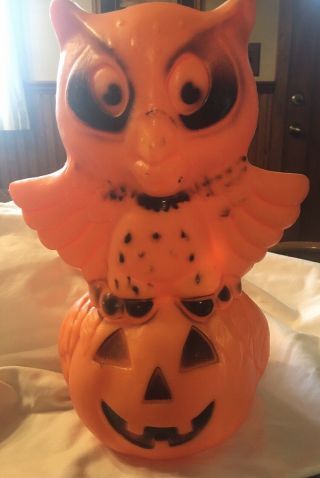 Vintage Halloween Blow Mold Light Owl On Pumpkin