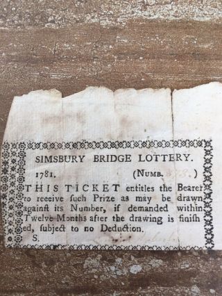 Lottery Ticket From Simsbury Connecticut Ct 1781,  Simsbury Bridge