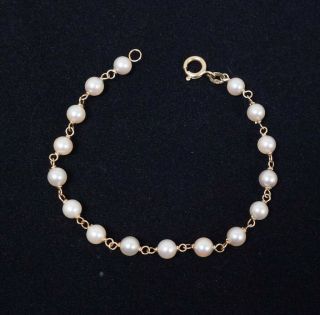 Vintage 1960s/70s 14k Gold 5.  5 - 6mm Cultured Pearl Bracelet