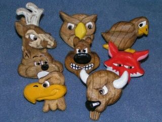 Hand Carved Set Of 8 Wood Badge Critters Neckerchief Slides