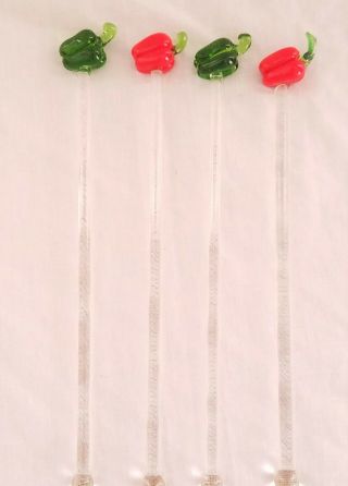 4 Glass Cocktail Swizzle Stick Drink Stirrer Red & Green Peppers