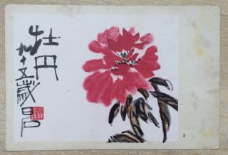 1950s Chinese Peony Flower Painting Art Sheet By Qi Baishi