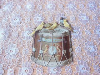 Victorian Christmas Card/cut - Out Drum With Birds On The Top