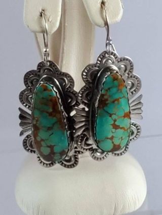Estate Chunky Navajo E.  Yazzie Sterling Turquoise Drop Earrings