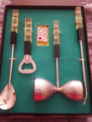 Vintage 4 Piece Bar Tools Set With Dice In Lucite Handles