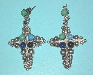 Vintage Taxco Mexico Sterling Silver Multi Stone Dangle Cross 2 " Earrings