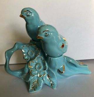 Blue Birds On Log Salt & Pepper Shakers Pearl China Co.  22k Gold U.  S.  A.