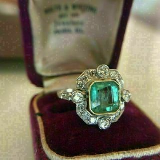 Vintage Art Deco 2.  3 Ct Green Asscher Emerald & Diamond 14k White Gold Over