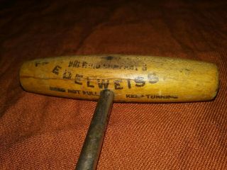 Antique Vintage Edelweiss Beer Bottle Corkscrew Wooden Handle Peter Schoenhofen 3