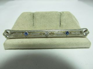 Edwardian 14k Solid Gold & Platinum Bar Pin W/ Natural Diamond & Sapphires
