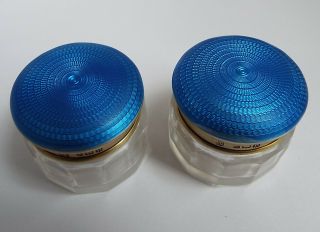 Lovely Pair English Antique 1928 Sterling Silver & Guilloche Enamel Jars Pots
