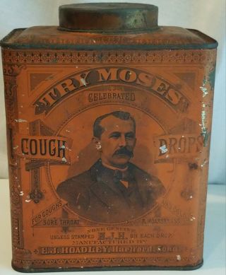 Moses Cough Drops Tin Antique Country Store 8 " 1900s Neat Grpahic Old