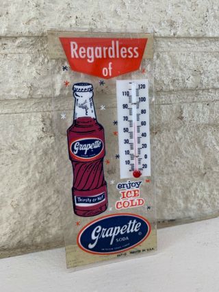Rare 1950s Grapette Soda Pop Window Thermometer Sign Old Stock Bottle.