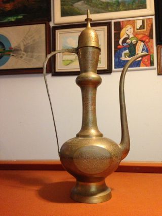 Large Vintage Indian Engraved Brass Dallah Pot Tea Coffee Qahwa 26 "