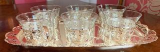 Filigree Silver Plated Tea Cups Holders,  Glass Inserts With Silver Plated Tray