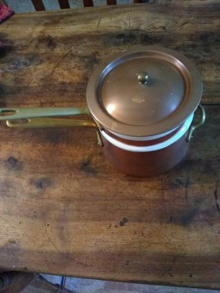 Vintage Copper Ceramic Double Boiler Pot With Lid Brass Handle 3pc Set