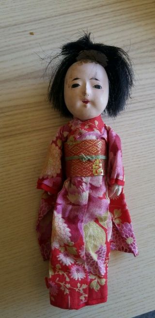 Vintage 9 " Japanese Bisque Doll Ichimatsu Gofun Kimono Japan With Hair Piece