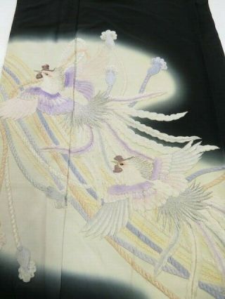2l01z170 Japanese Kimono Silk Fabric Black Phoenix 47.  2 " Embroidery