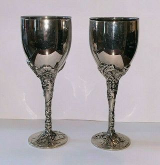 Godinger Silver Plate Goblet Wine Glasses Grape Vine Embossed Stem,  Set Of 2