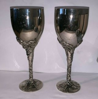 Godinger Silver Plate Goblet Wine Glasses Grape Vine Embossed Stem,  Set of 2 2