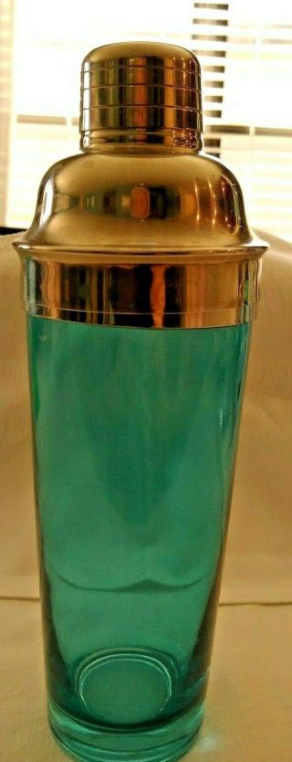Vtg Turquoise Martini Shaker Mid Century Modern Glass W/ Stainless Lid 11 " Tall