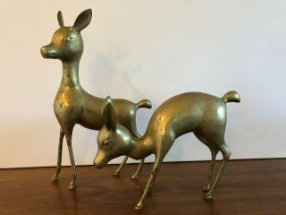 2 Heavy Vintage Mid Century Brass Deer Doe Statues Large 15” & 9 